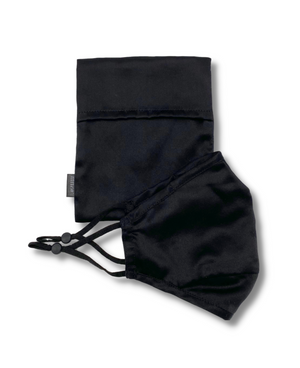 Black 22 momme mulberry silk mask. Our mask comes in a protective silk pouch. Midnight Cocoon based in the UAE.